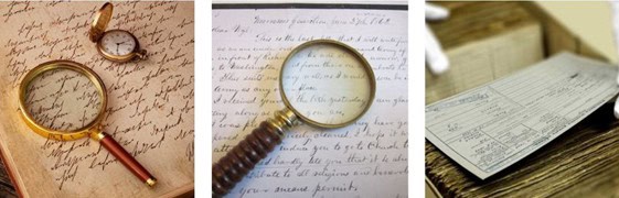Historical documents with magnifying glass and handwritten notes.