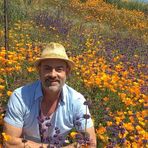 Michael Albanese in a colorful wildflower field highlighting stormwater management.