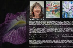 Vibrant watercolor of garden scene by Sandy Collier.