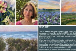 Portrait of Rosa Dest, interior designer and artist, with a background of vibrant garden scenes.