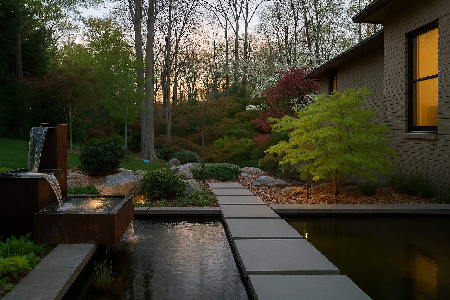 Beautiful garden scene featuring a water fountain, stepping stones, and vibrant trees in a peaceful.