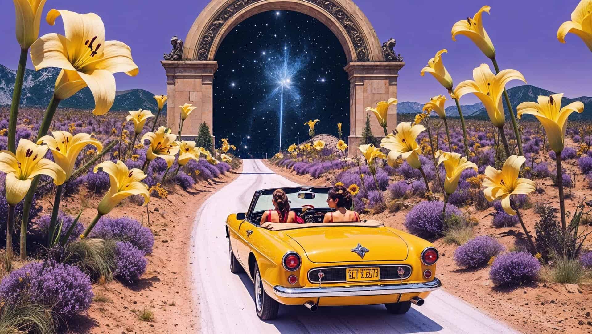 Scenic garden drive with yellow lilies, purple flowers, and starry night sky backdrop.