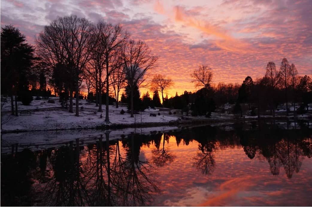 Sunset over a winter landscape with trees reflected in a calm pond.
